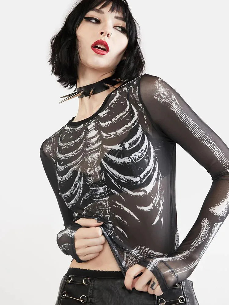 Gothic Skeleton Mesh Top - Edgy Sheer Long Sleeve Shirt