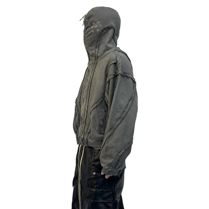 Distressed Hoodie -  Oversized Hooded Jacket with Eyelet